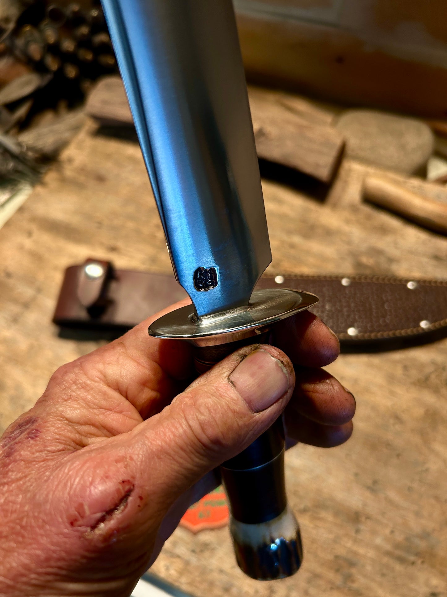 Treeman 8 1/2" Skull Fighter Model 1 Style Nickel Guard Stacked Horse hide red Stag Pinned Butt Shark Sheath