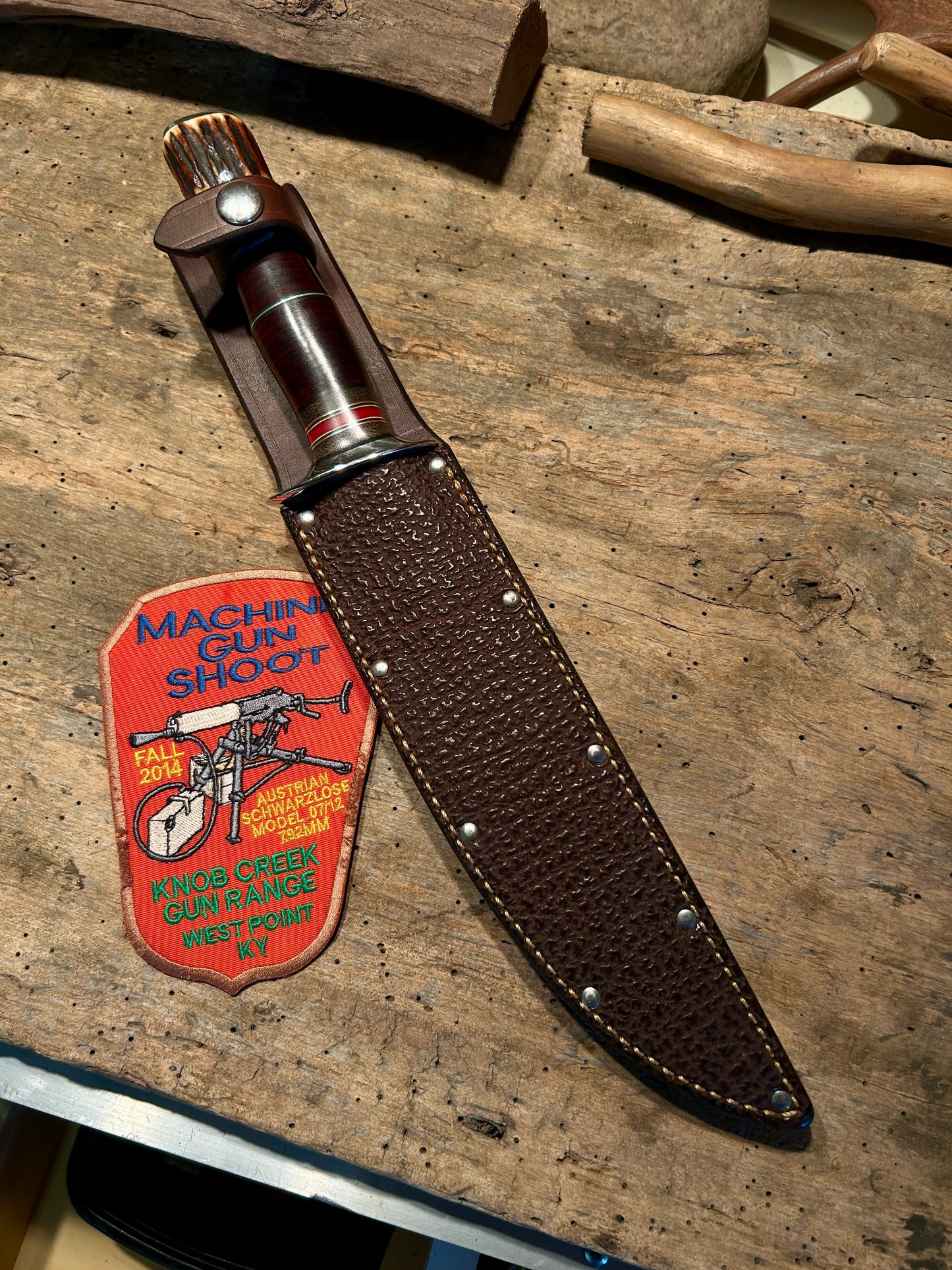 Treeman 8 1/2" Skull Fighter Model 1 Style Nickel Guard Stacked Horse hide red Stag Pinned Butt Shark Sheath