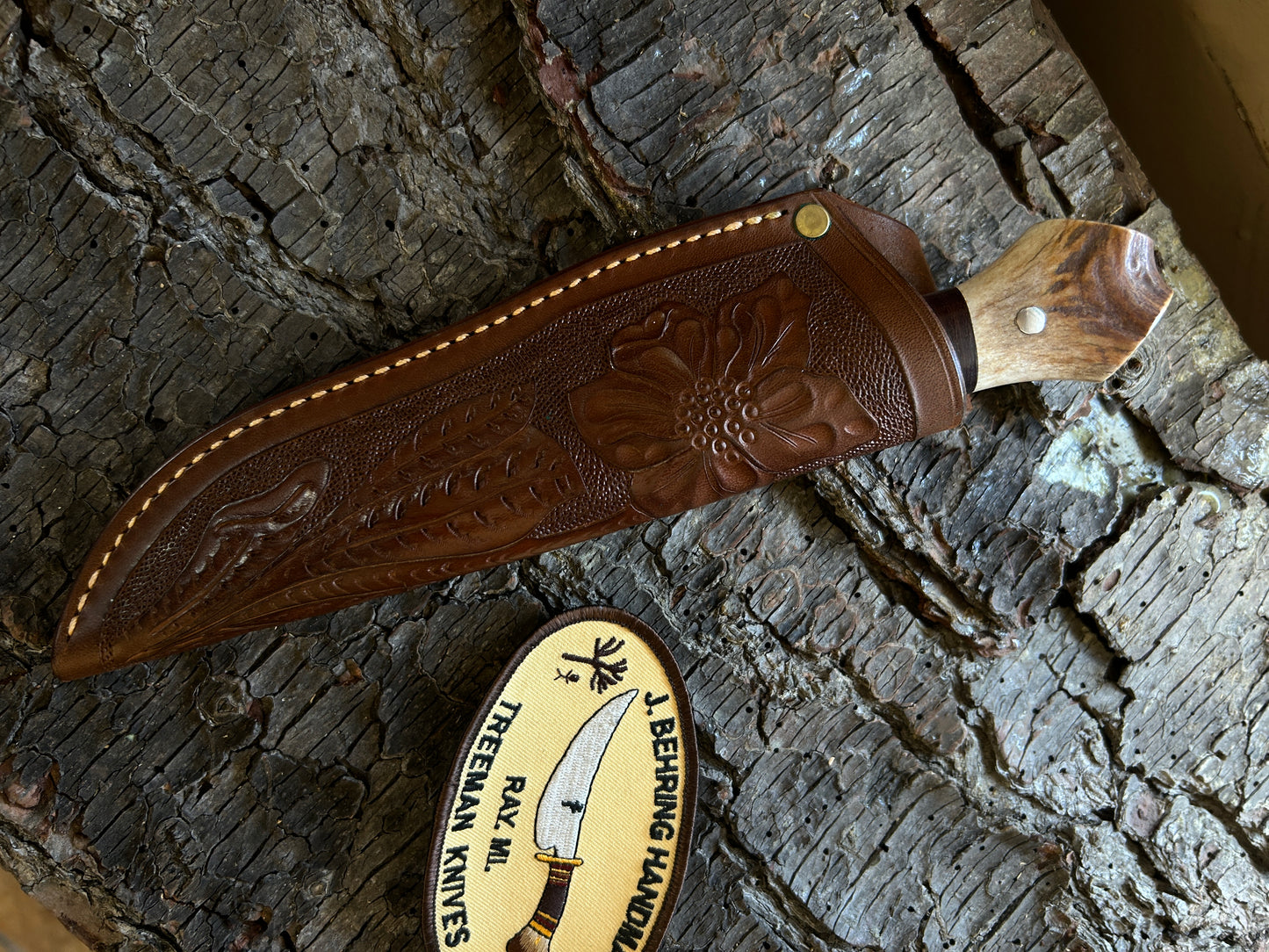 Vintage Treeman Hunter Made 2004 5 1/4" O1 Forged Blade Crotch Stag Water Lily Horse Hide Sheath