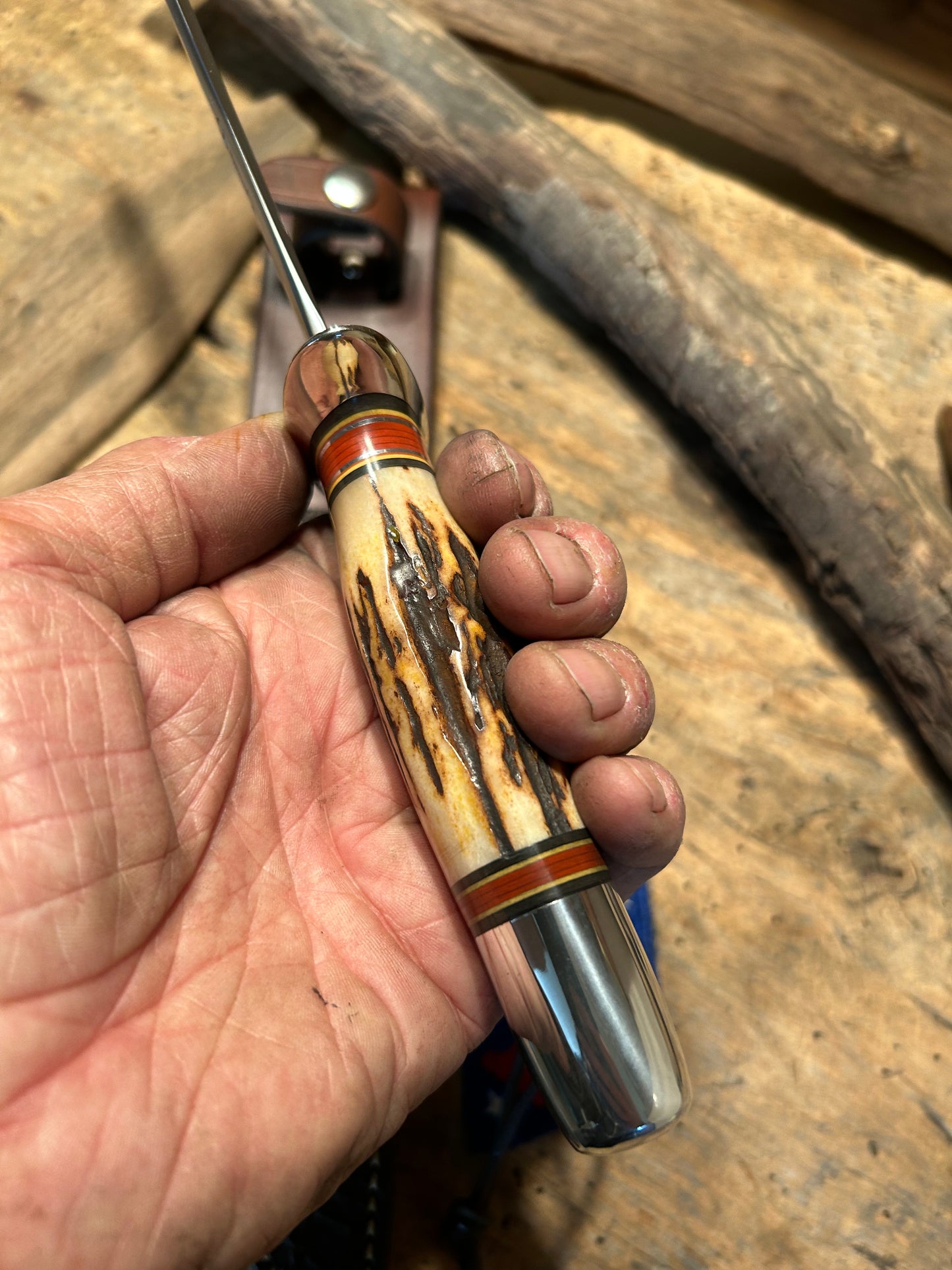 J. Behring 7 1/2" Skull Fighter Sambar Stag AEB-L stainless Blade Old School Aluminum Butt