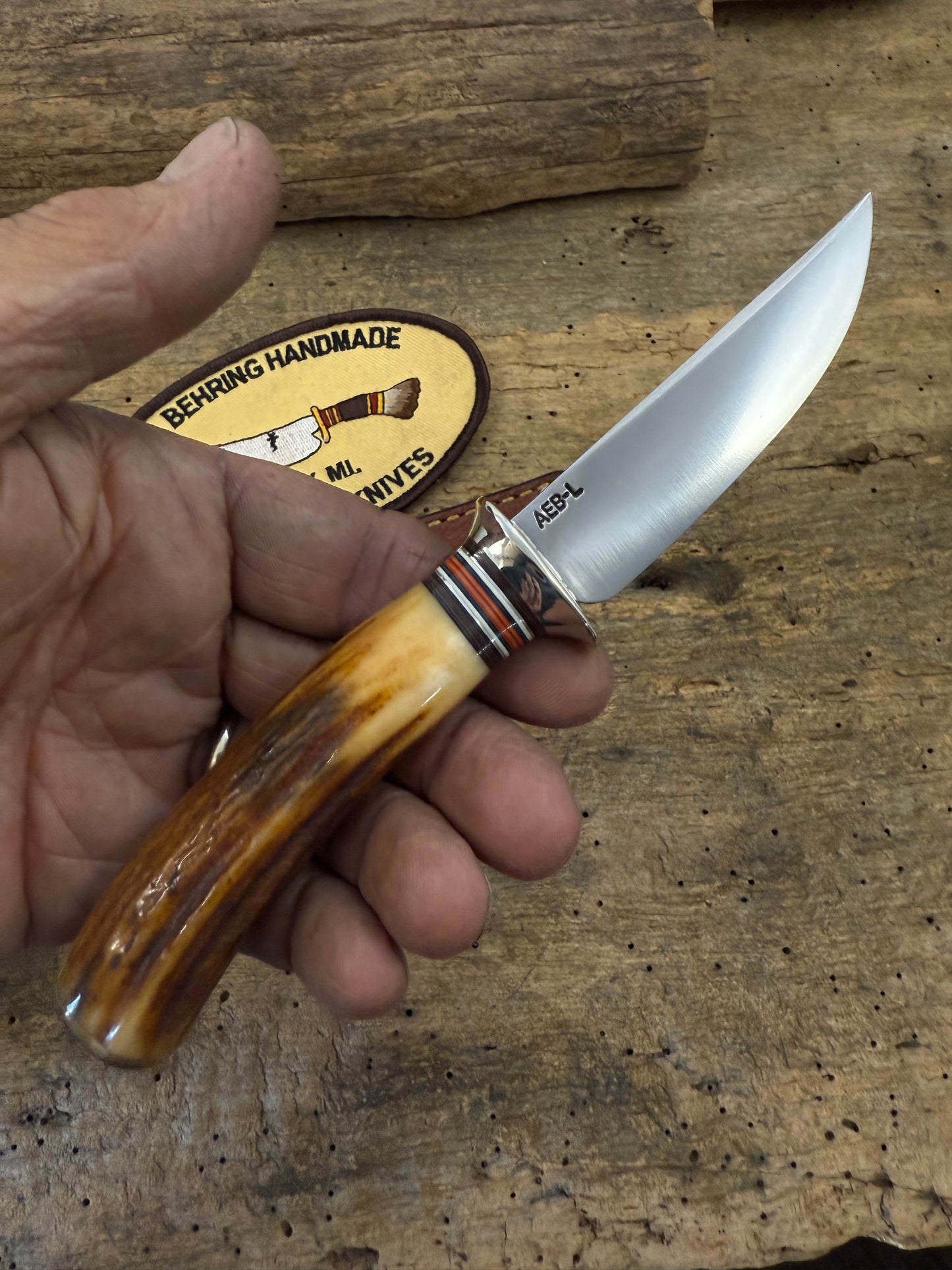 Treeman Trout Knife AEB-L Stainless 100 + yeard old Stag Mammoth Butt Cap Shark Sheath