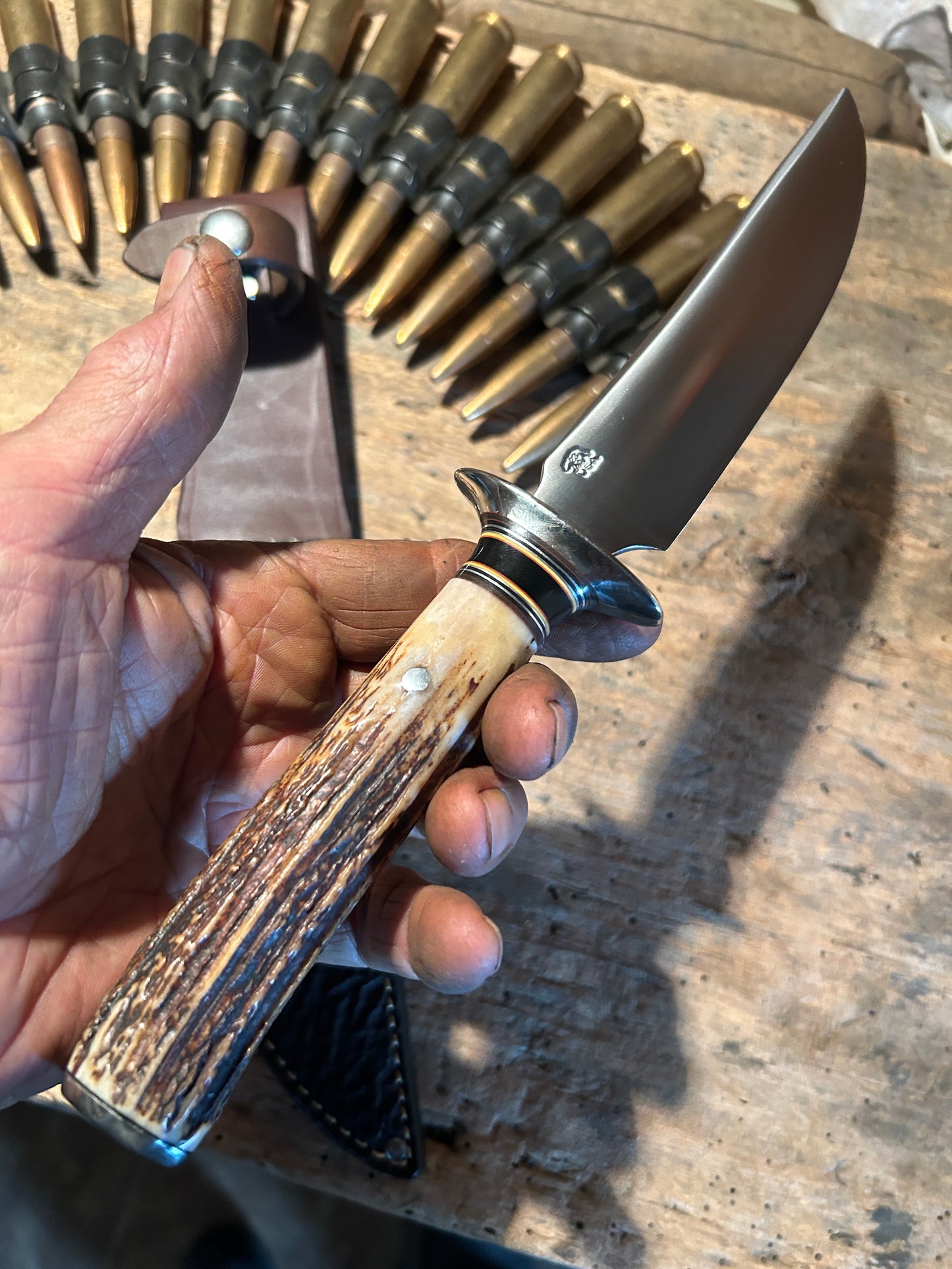 Treeman Double Skull Fighter 6 3/8" Blade NS AAA Sambar Stag Shark Sheath