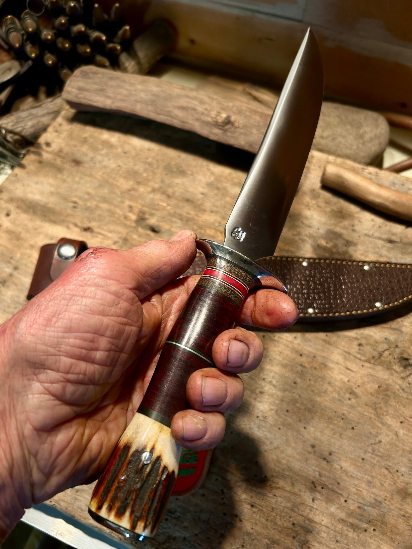 Treeman 8 1/2" Skull Fighter Model 1 Style Nickel Guard Stacked Horse hide red Stag Pinned Butt Shark Sheath