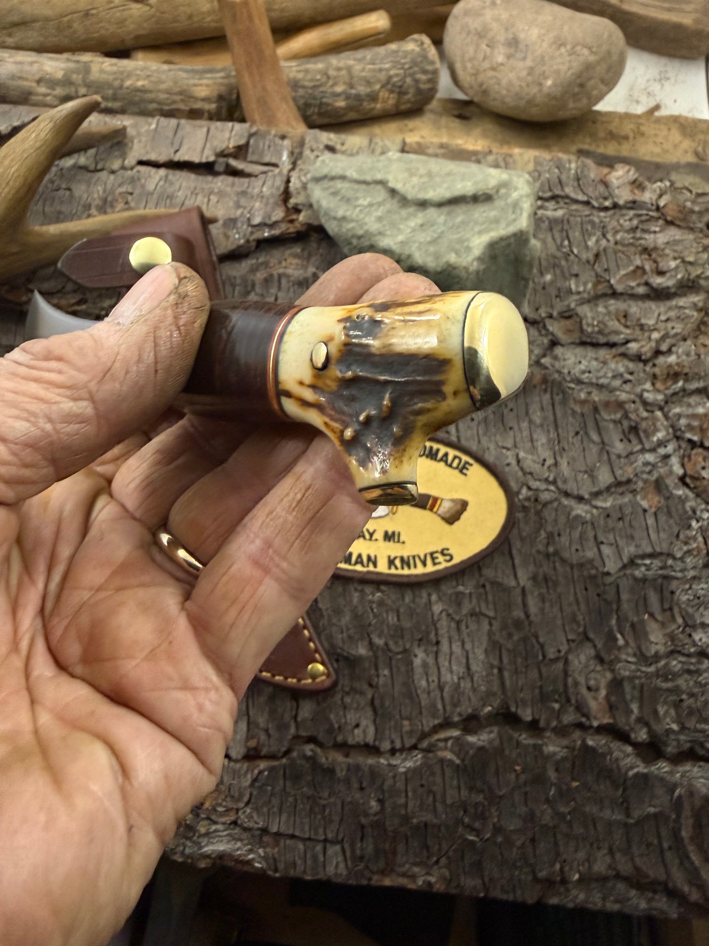 Treeman 4" Deer & Trout Skinner Horse hide pinned brass cap crotch stag butt