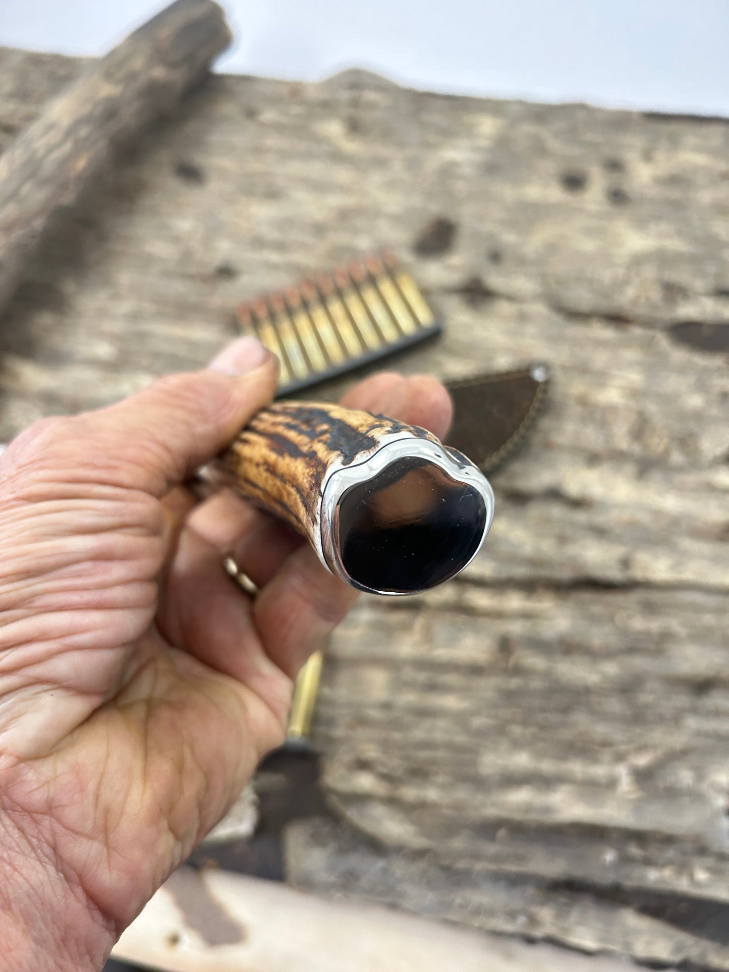 Treeman 6" Hammer Mark Fighter Stag Nickel Giraffe Sheath