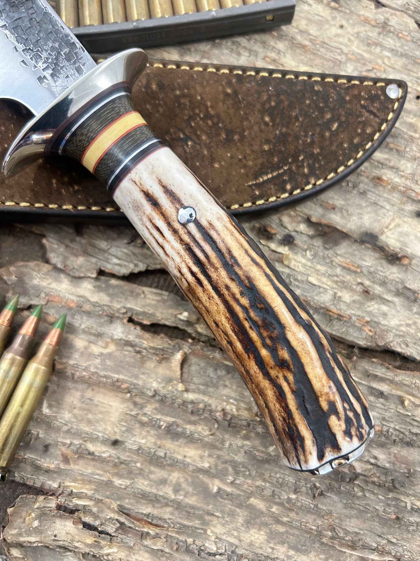 Treeman 6" Hammer Mark Fighter Stag Nickel Giraffe Sheath