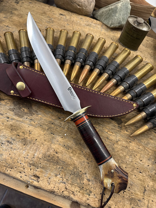 Double Skull Slim Fighter 9" blade Brass Horse hide Crotch Stag Wide Mouth WW2 style rough back sheath