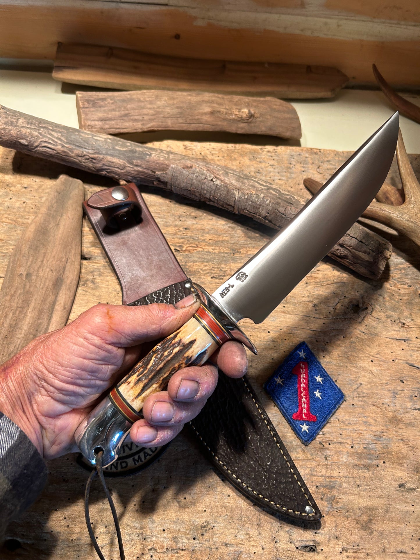 J. Behring 7 1/2" Skull Fighter Sambar Stag AEB-L stainless Blade Old School Aluminum Butt