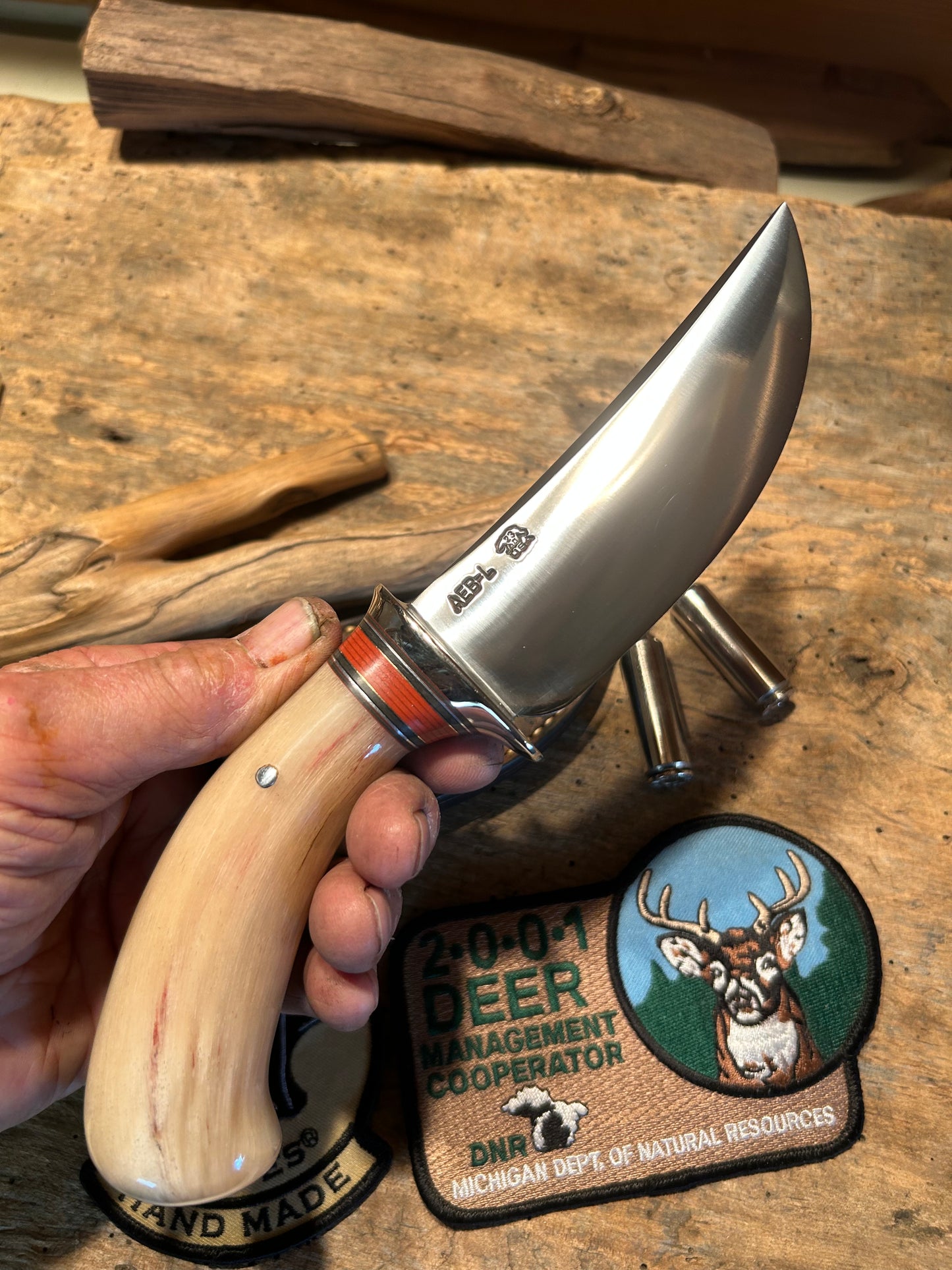 J. Behring Handmade Fox River Hunter 5" AEBL Blade Birds Head Musk Ox Giraffe Sheath