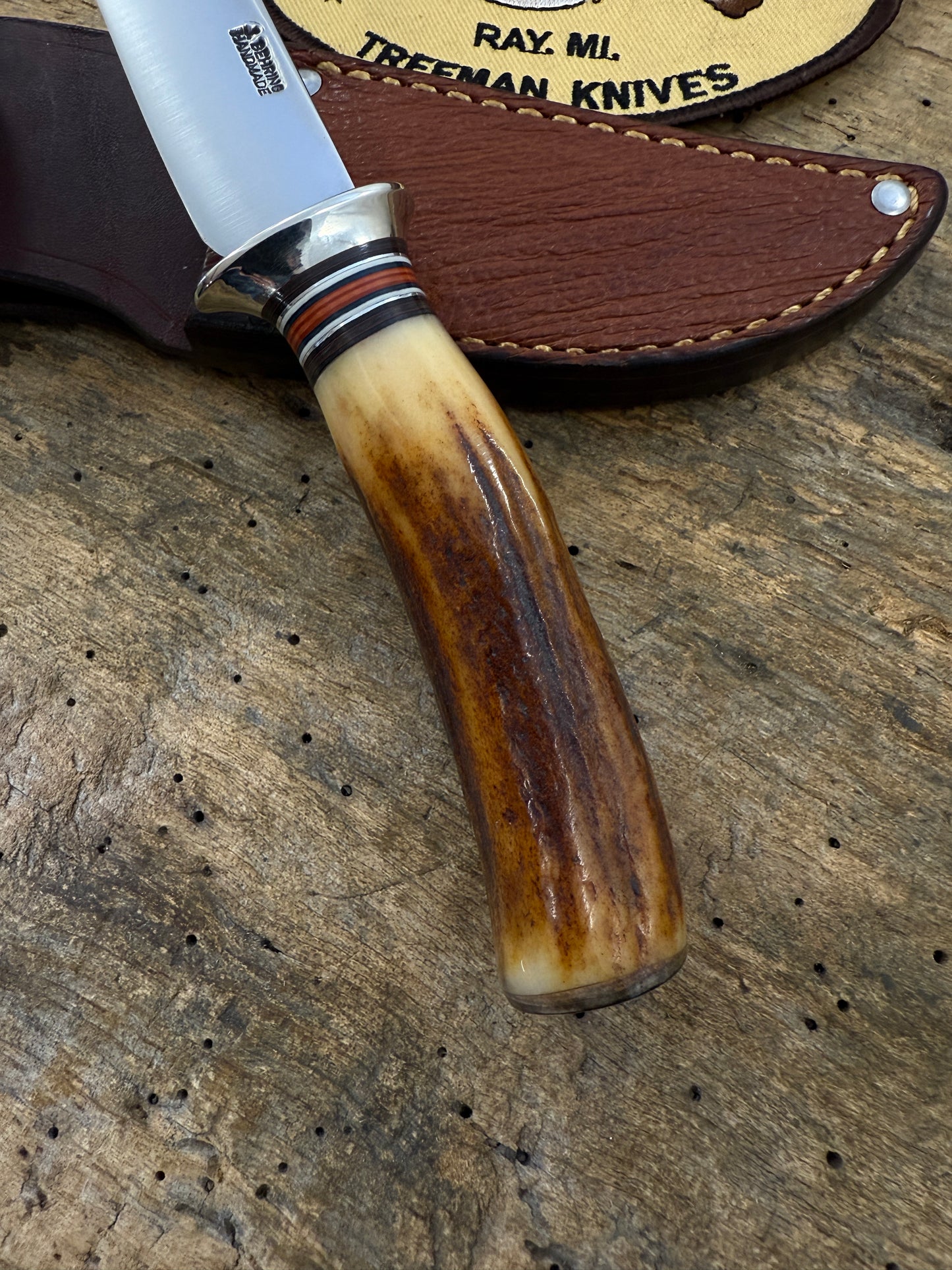 Treeman Trout Knife AEB-L Stainless 100 + yeard old Stag Mammoth Butt Cap Shark Sheath