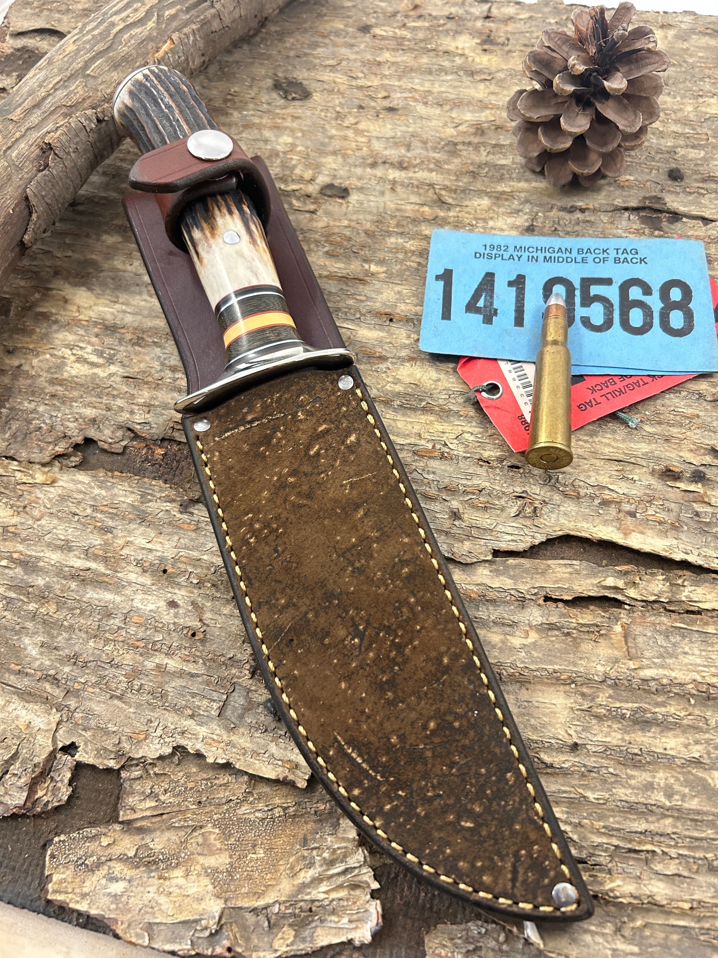 Treeman 6" Hammer Mark Fighter Stag Nickel Giraffe Sheath