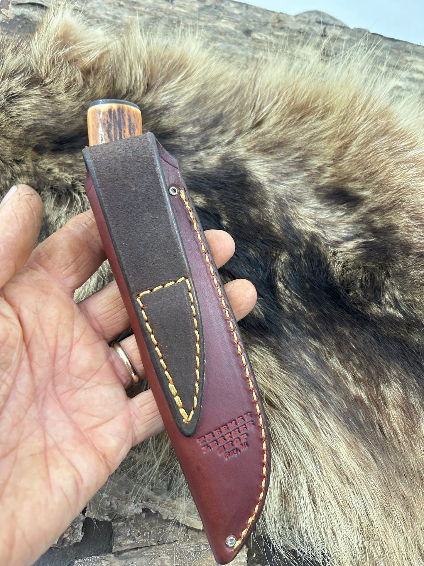 Treeman Trout Knife AEB-L Sambar Stag Carver Mammoth Ivory Butt Cap pouch sheath