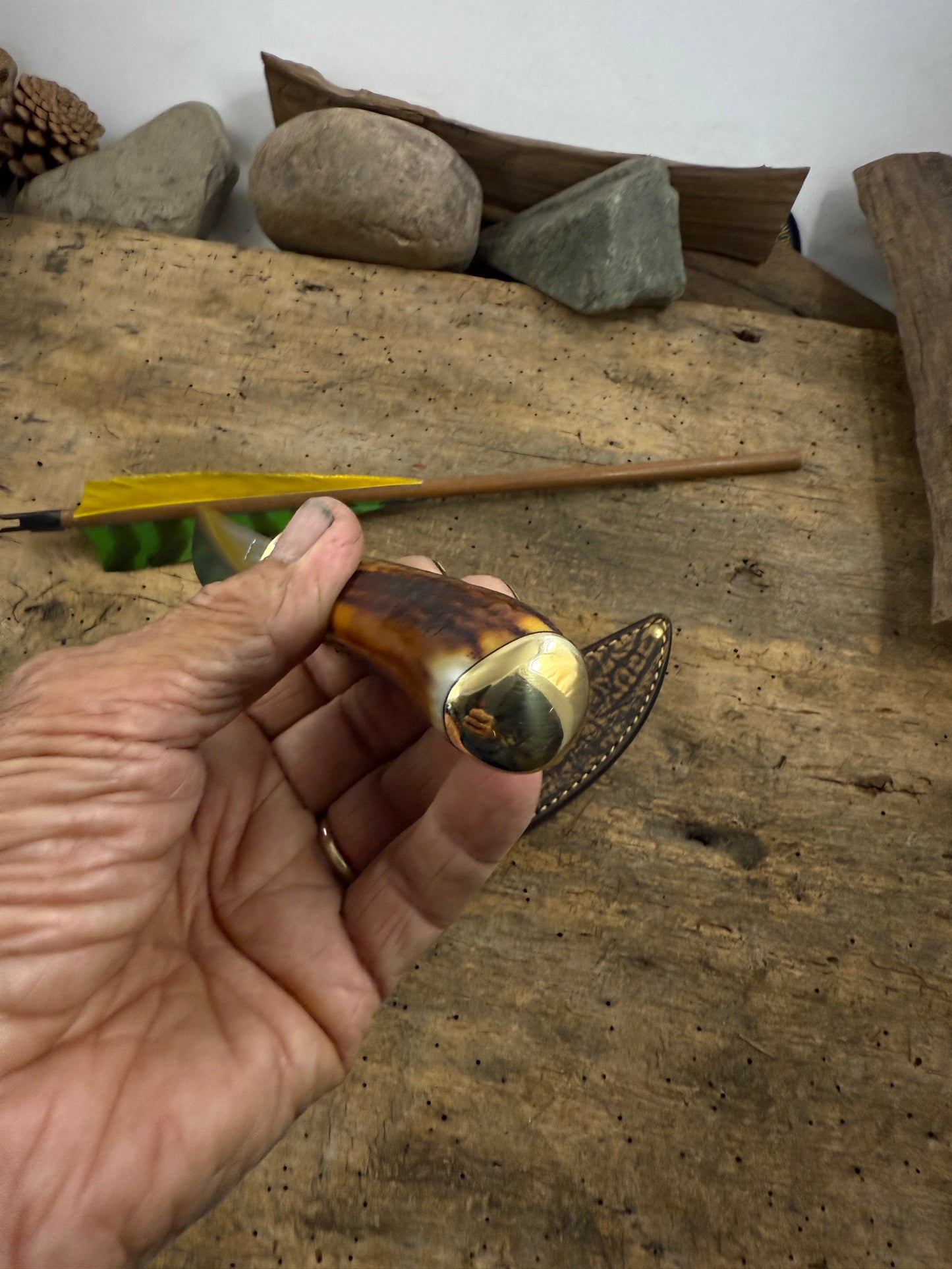 Treeman Old School 5 1/2" Deer & Trout Hunter . Brass real Red Sambar Stag Pinned Brass Butt