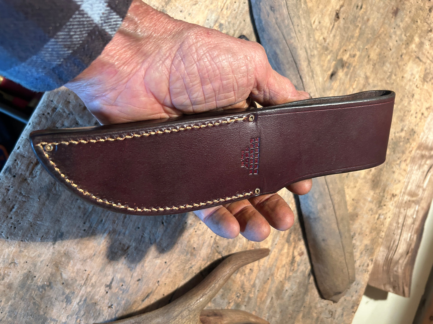 Treeman Iron Mt. Hunter 4 3/8" Blade Brass Horsehide Sambar Stag Shark Sheath