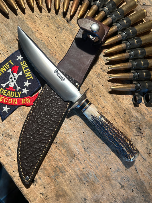 Treeman Double Skull Fighter 6 3/8" Blade NS AAA Sambar Stag Shark Sheath