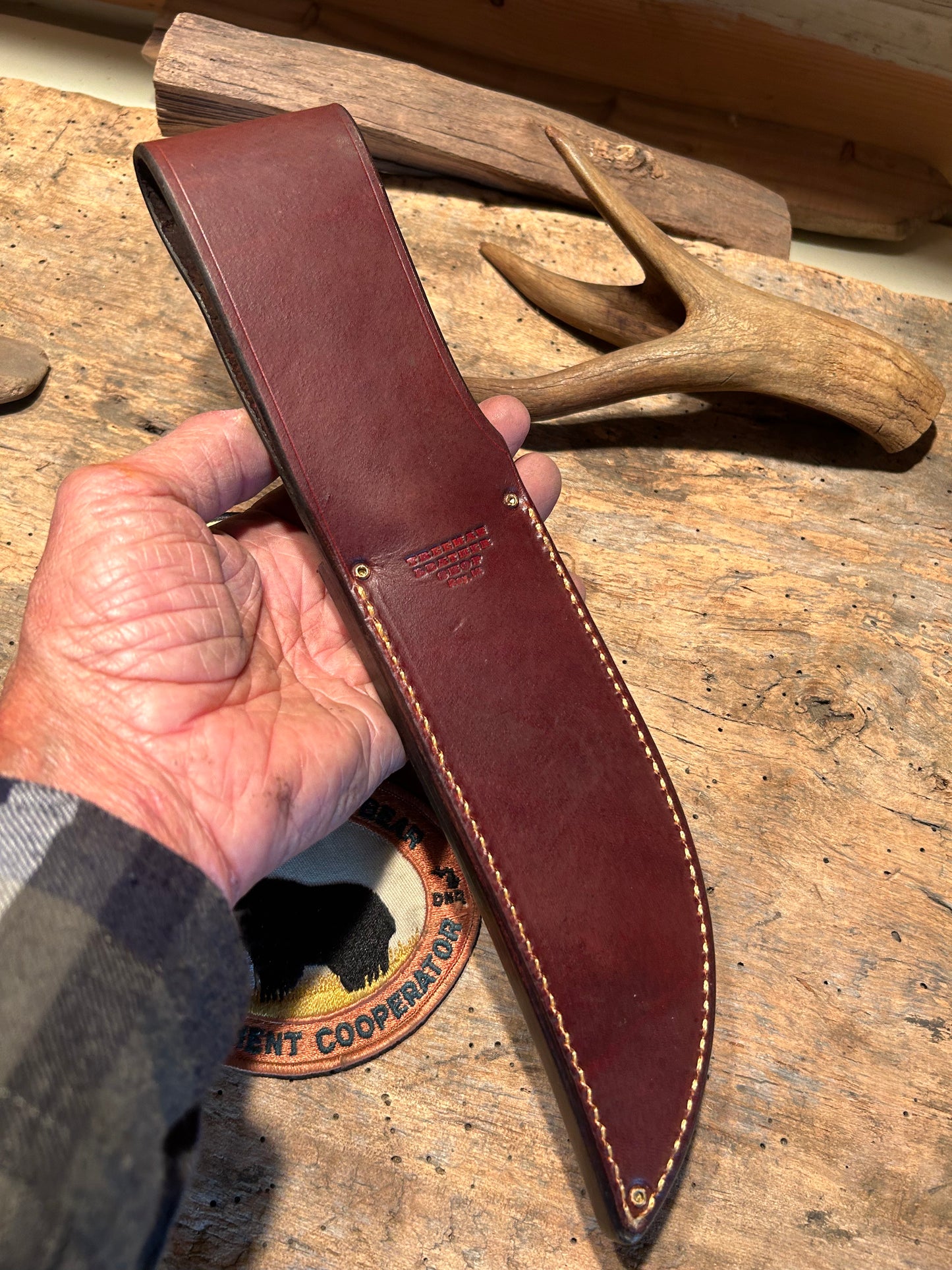 Treeman 7" Hammermark Camp Knife Horse Hide Crown stag