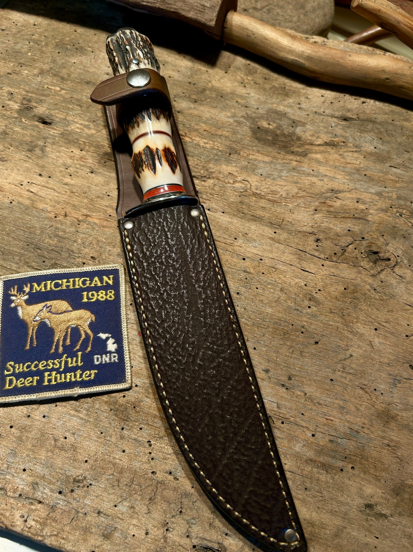 Treeman 3 Piece Sambar Stag 7" knife Nickel Silver Shark Sheath