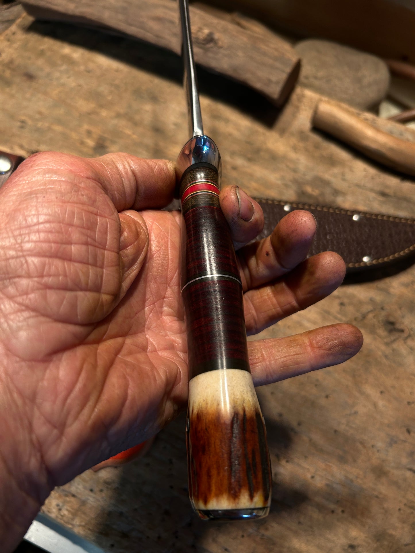 Treeman 8 1/2" Skull Fighter Model 1 Style Nickel Guard Stacked Horse hide red Stag Pinned Butt Shark Sheath