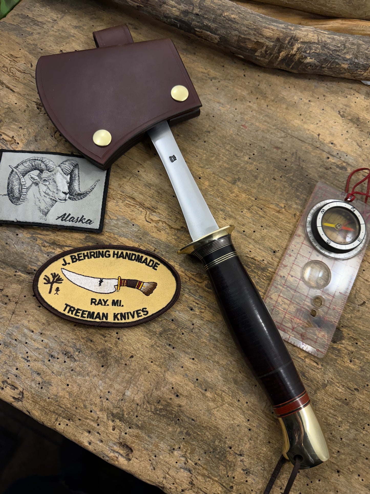 Treeman Camp Axe 15" OAL Horse Hide Brass Crows Beak Butt