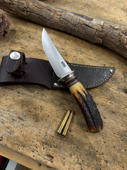 Treeman  Small Hunter with old Stag Nickel Guard pinned butt Cap Exotic sheath