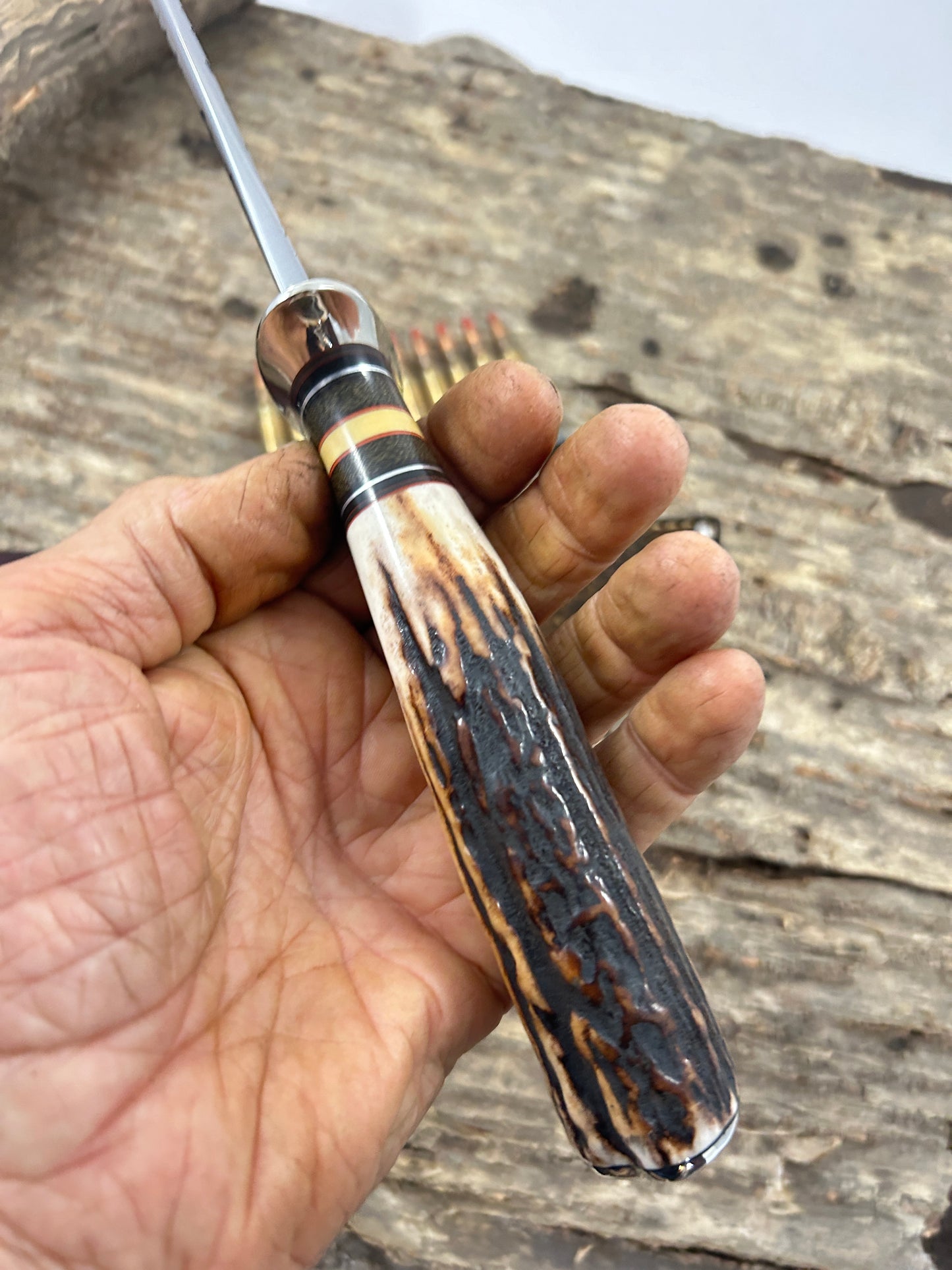 Treeman 6" Hammer Mark Fighter Stag Nickel Giraffe Sheath