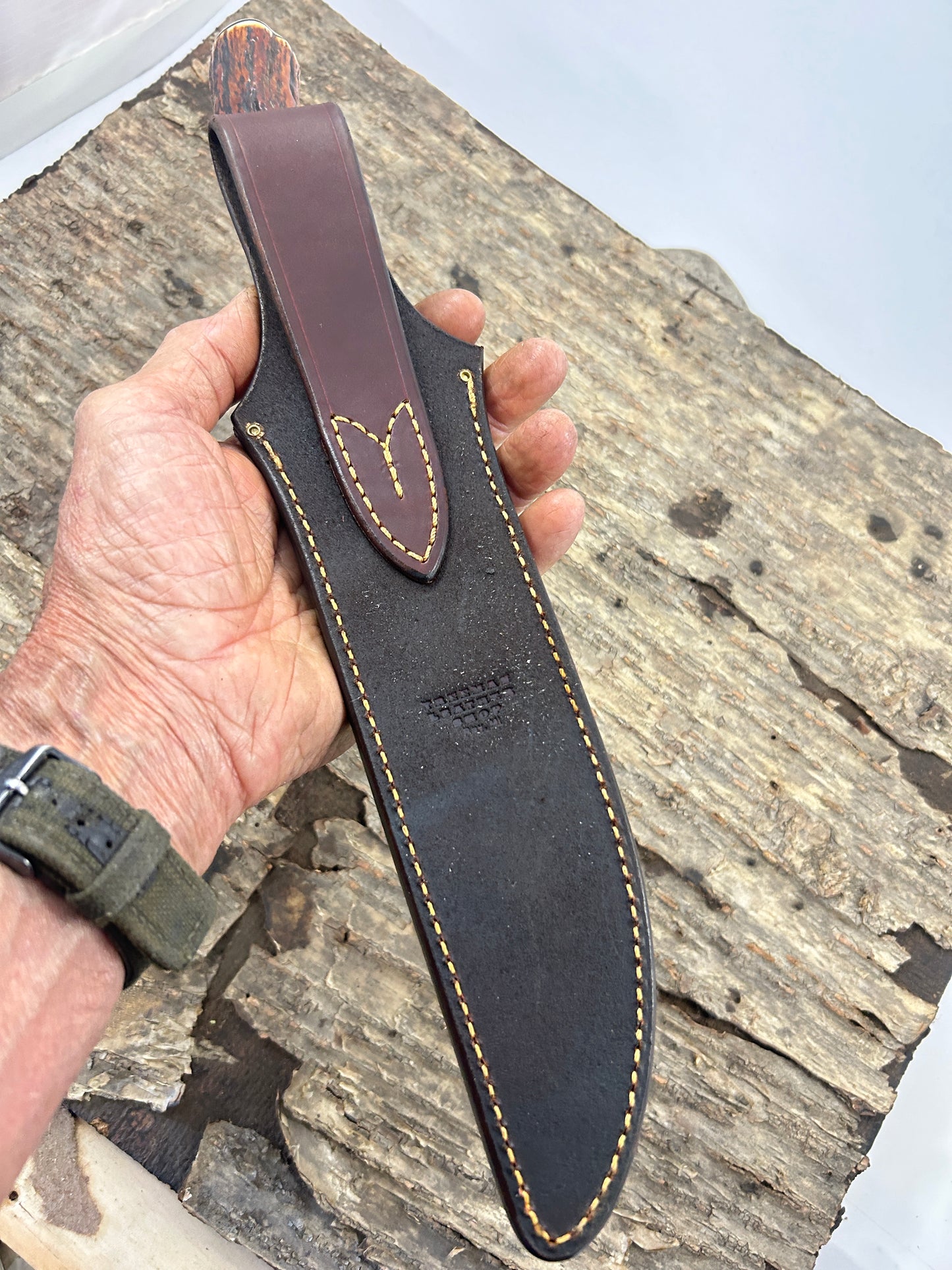 Treeman Model 1 Style Fighter 8 1/2" HD forged blade Red Stag Shark Wide Mouth Sheath