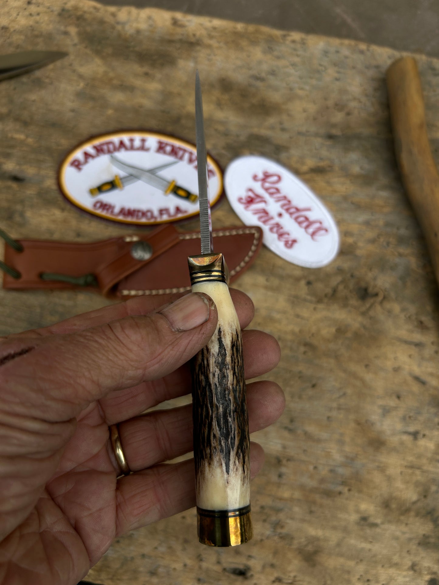 Randall Model 21 Little game 3 1/4" Carbon Blade Flat Top Brass guard Sambar Stag Brass Butt older knife Mint