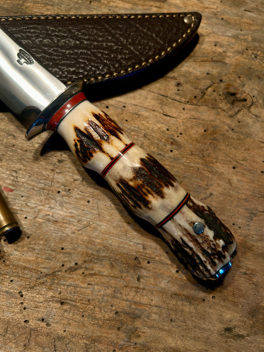 Treeman 3 Piece Sambar Stag 7" knife Nickel Silver Shark Sheath