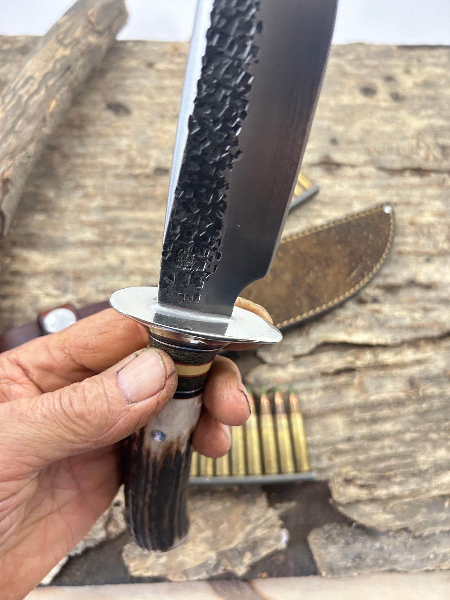 Treeman 6" Hammer Mark Fighter Stag Nickel Giraffe Sheath