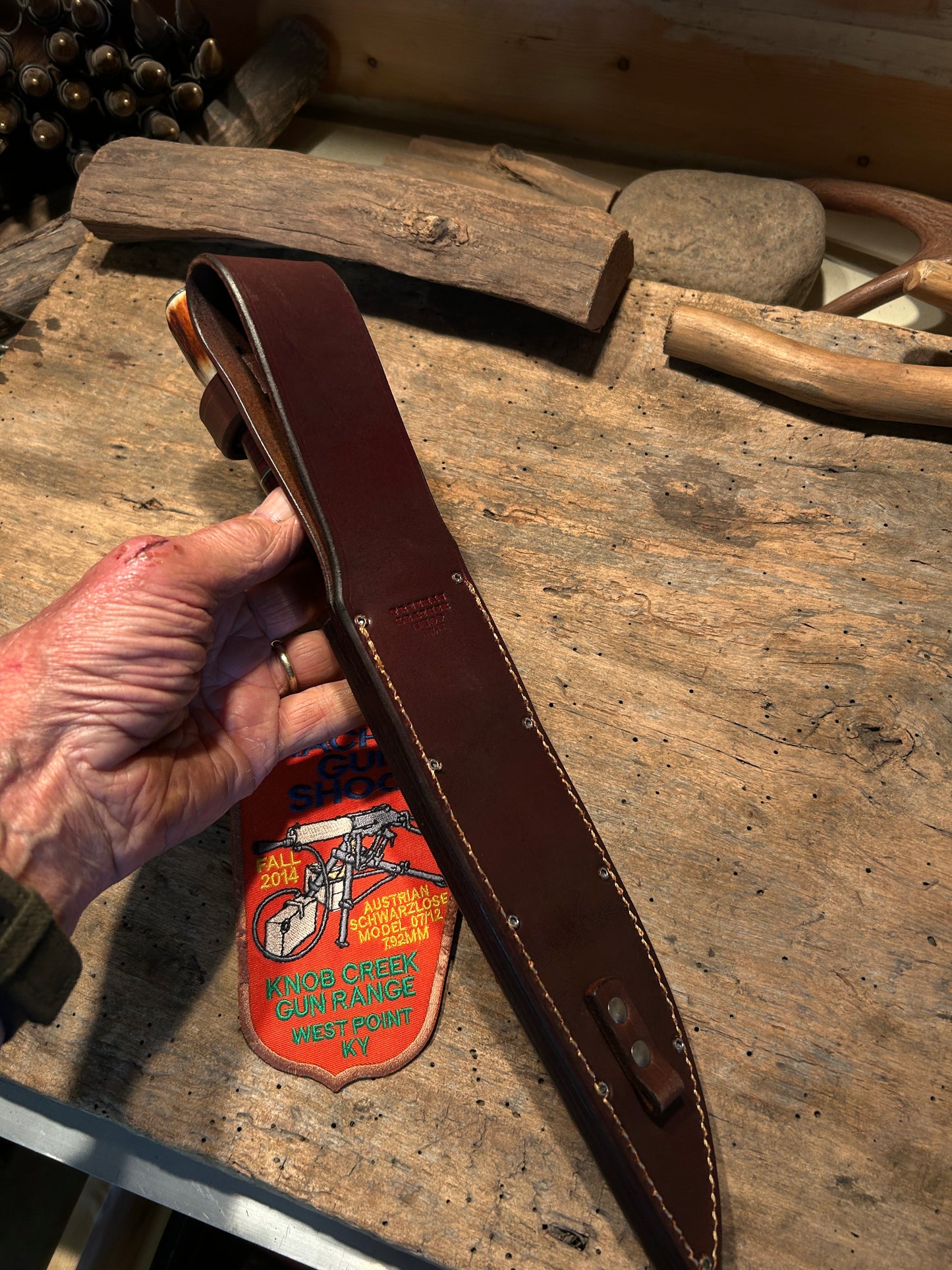 Treeman 8 1/2" Skull Fighter Model 1 Style Nickel Guard Stacked Horse hide red Stag Pinned Butt Shark Sheath