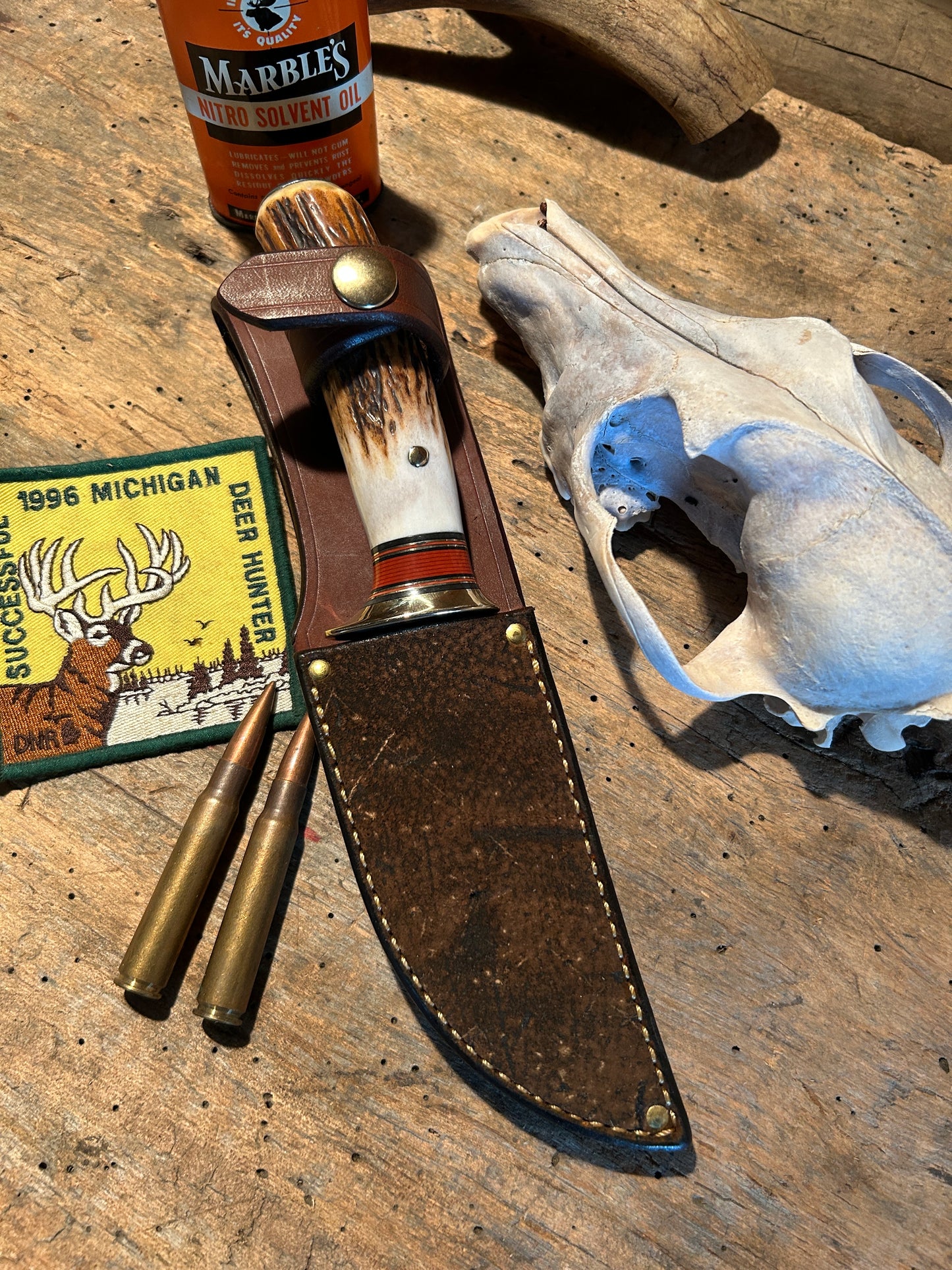 Treeman Michigan Hunter 120 year ols stag Sterling silver pinned Butt Giraffe sheath