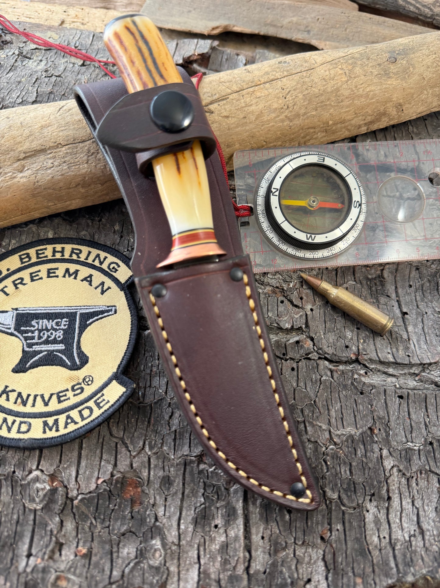 Treeman Trout Knife Forged 1095 Copper Guard 120 Year old stag Mammoyh Cap