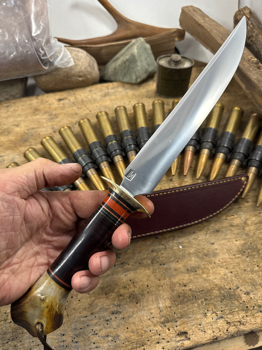 Double Skull Slim Fighter 9" blade Brass Horse hide Crotch Stag Wide Mouth WW2 style rough back sheath