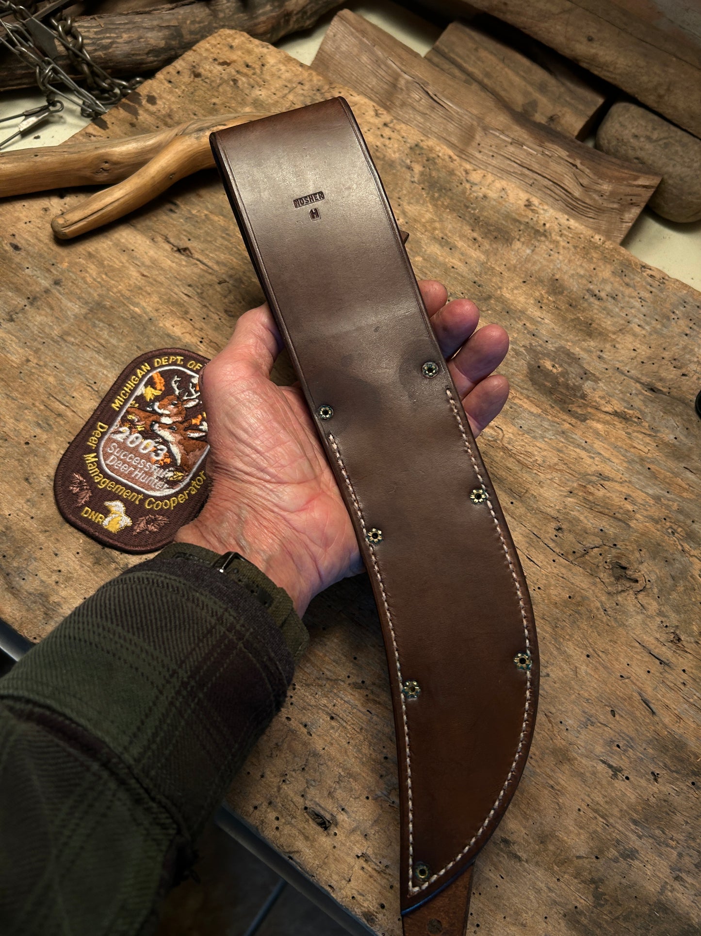 Vintage Treeman 8" Camp Knife Horse Hide, Sambar Satg Pinned Butt Horse Sheath