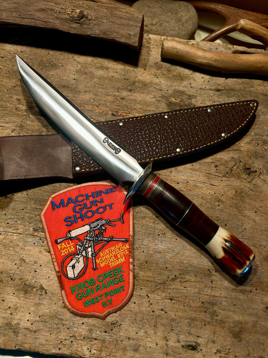 Treeman 8 1/2" Skull Fighter Model 1 Style Nickel Guard Stacked Horse hide red Stag Pinned Butt Shark Sheath