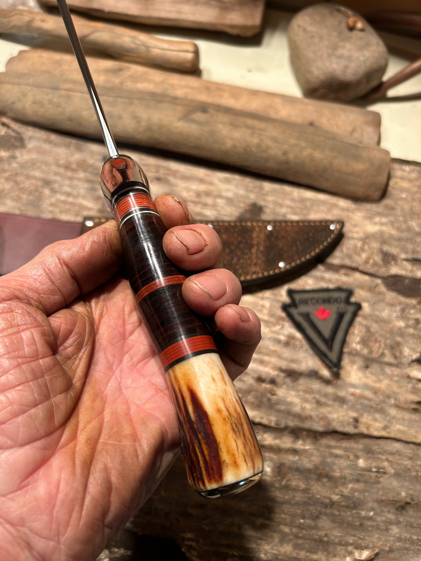 Treeman 8" Double Skull Fighter AEB-L Stainless HH Red Stag crows beak