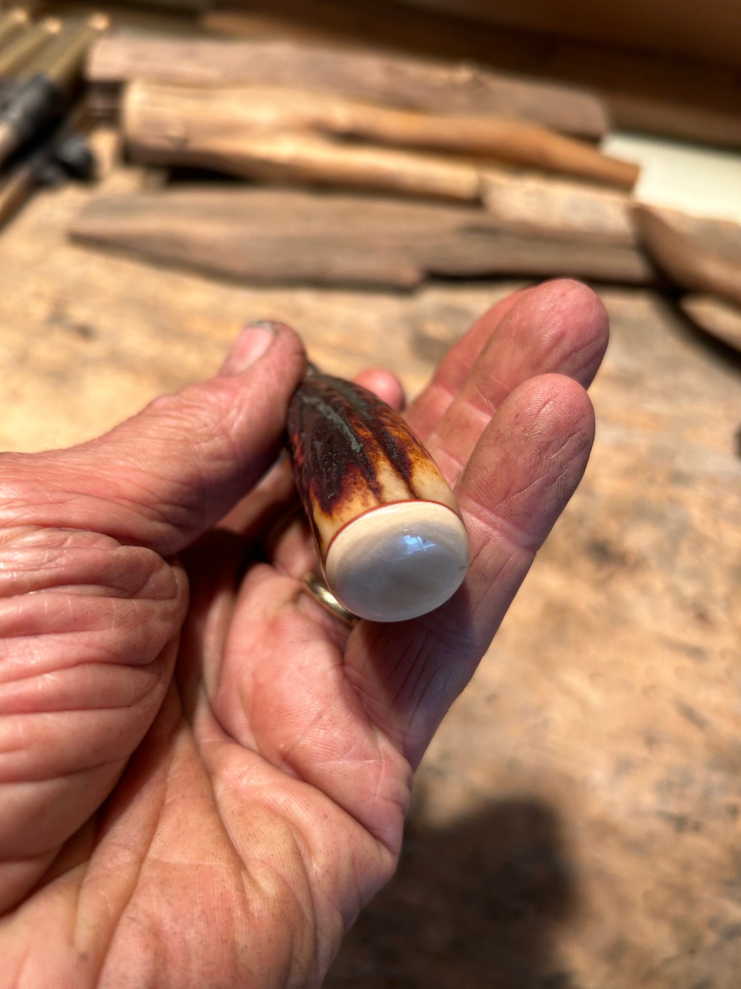 Treeman Pocket caper AEB-L Stainless 120 Year old red stag Ivory butt Cap