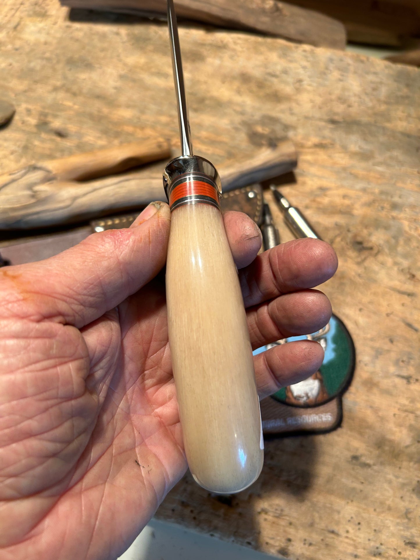 J. Behring Handmade Fox River Hunter 5" AEBL Blade Birds Head Musk Ox Giraffe Sheath