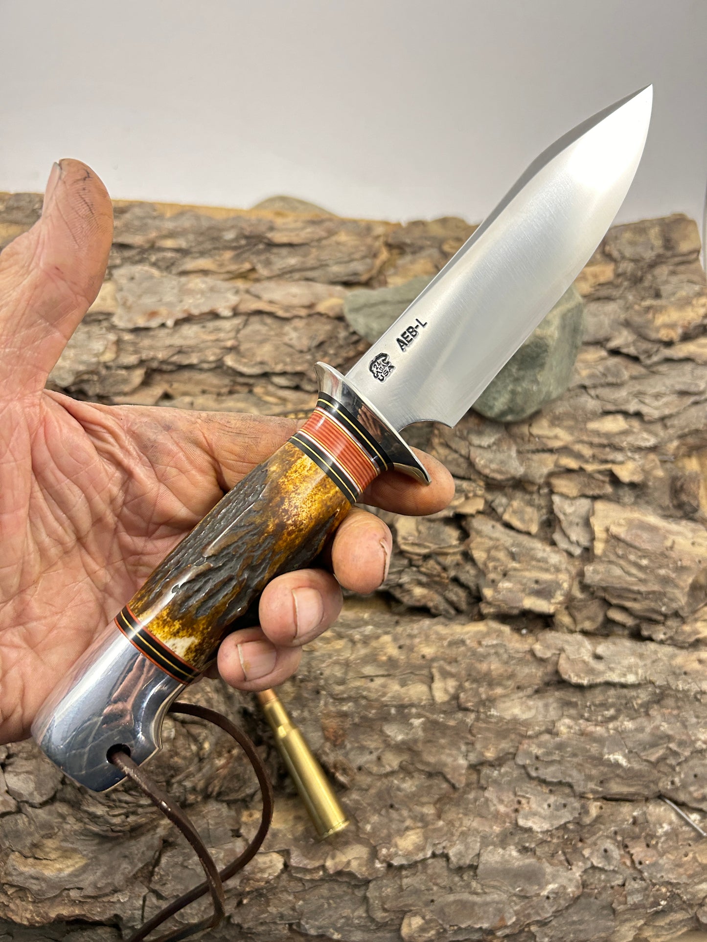 Treeman Special Hunter 6" AEB-L Stainless NS Sambar Stag Aluminum Crows beak butt. Giraffe sheath.