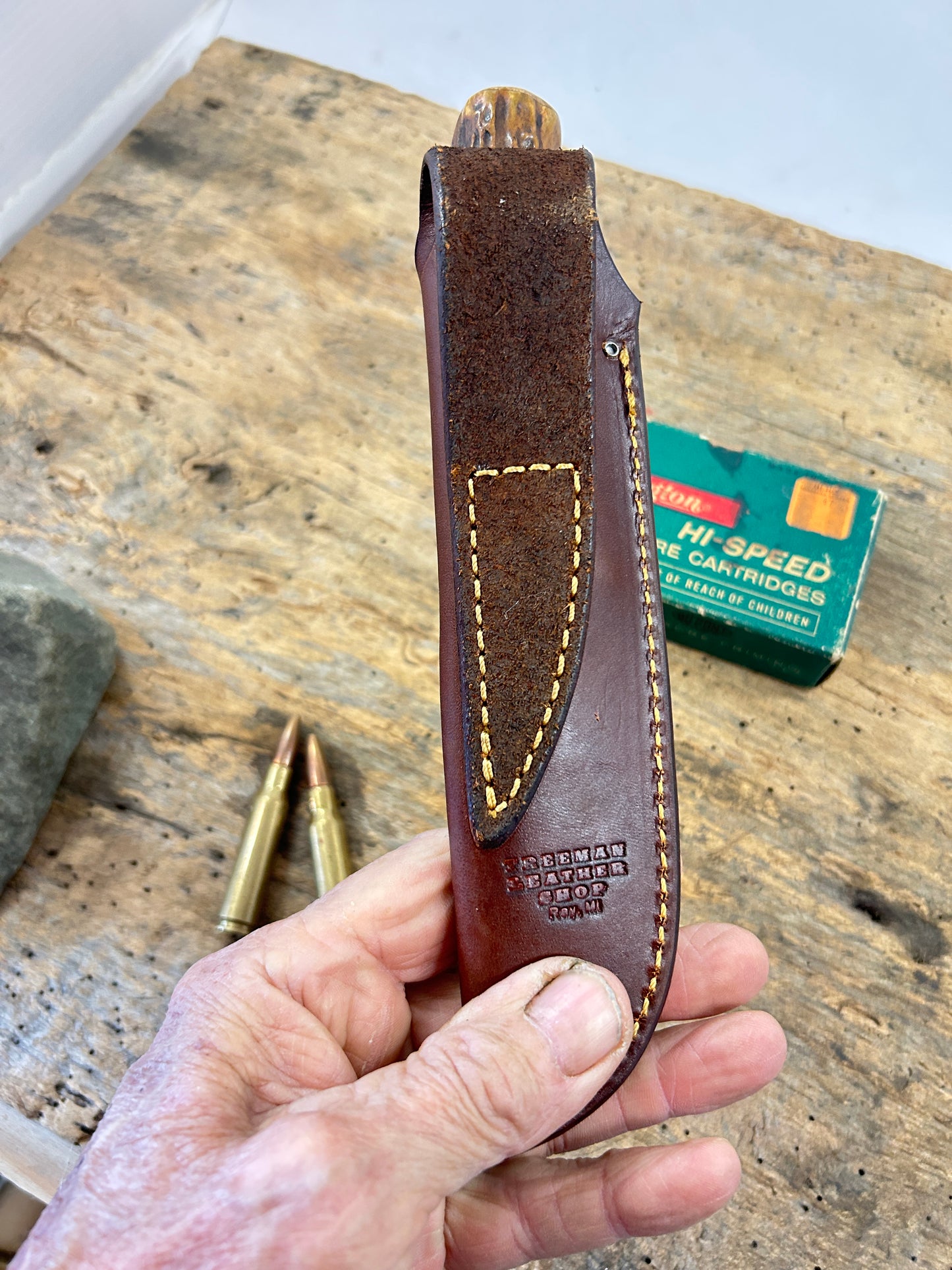 J. Behring Treeman Alaskan Copper Sambar stag mammoth butt cap pouch sheath