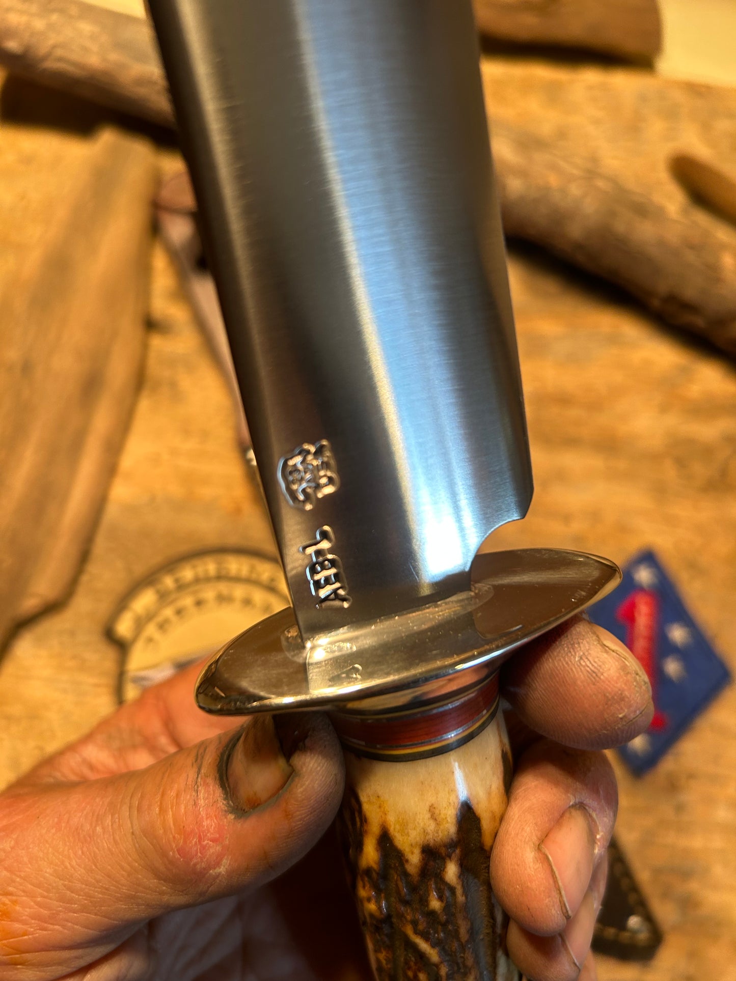 J. Behring 7 1/2" Skull Fighter Sambar Stag AEB-L stainless Blade Old School Aluminum Butt