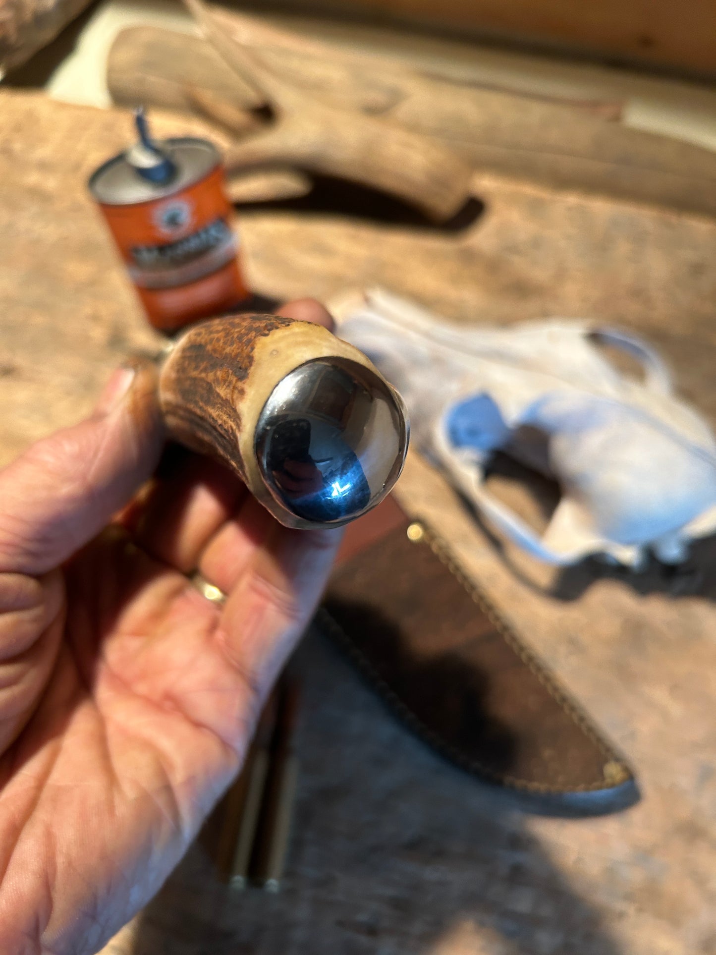 Treeman Michigan Hunter 120 year ols stag Sterling silver pinned Butt Giraffe sheath