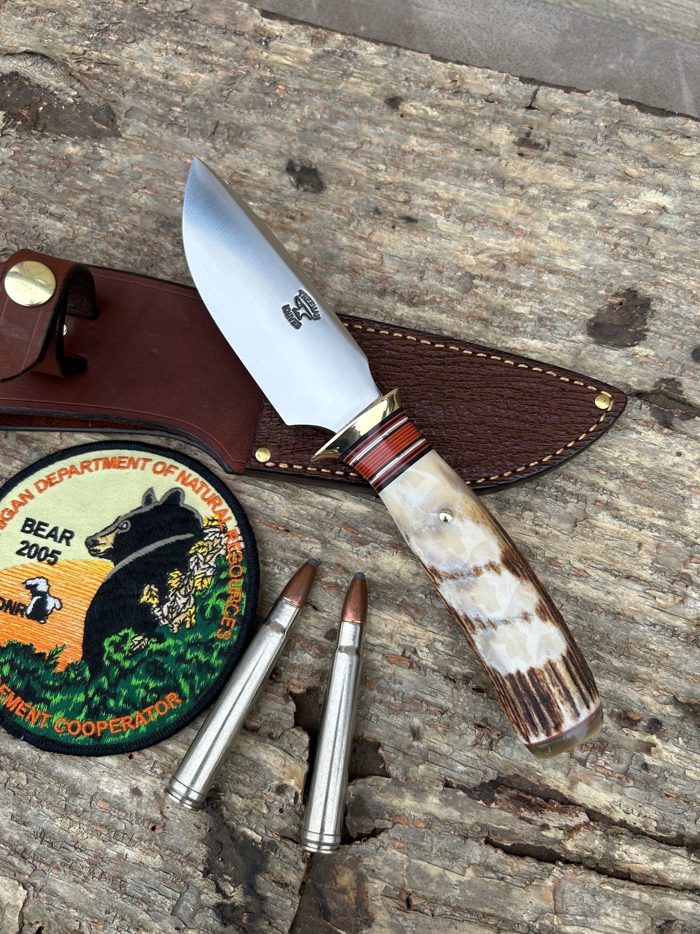 Treeman Alaskan AEB-L stainless  finger grip sambar stag ox butt  shark sheath