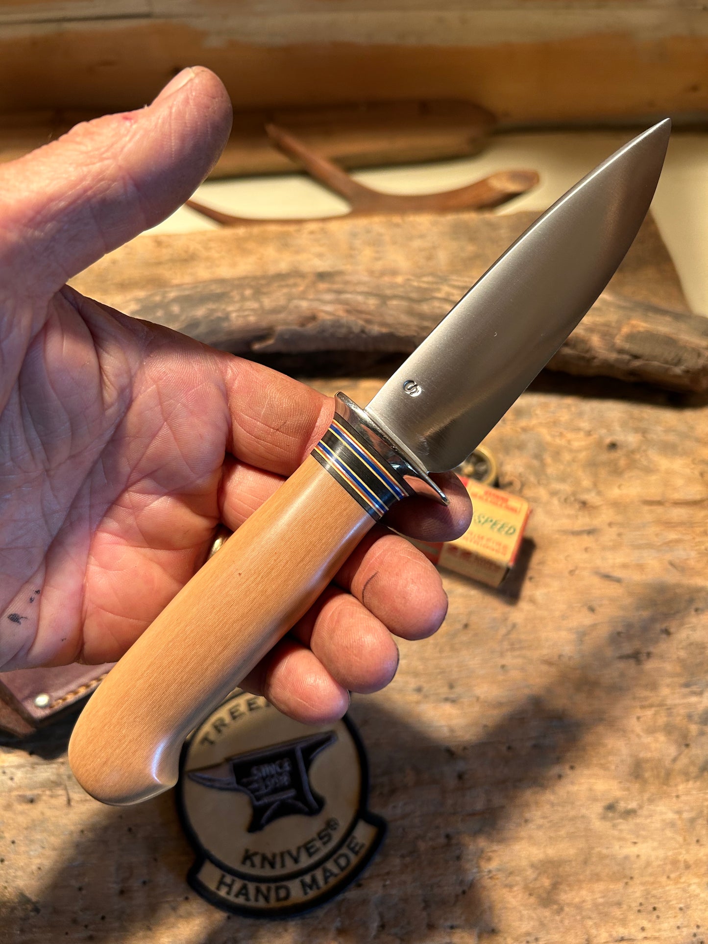 Treeman Drop Point Hunter Stainless AEB-L NS guard Linen Micarta Handle