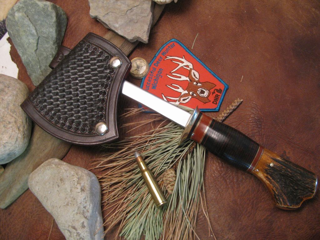 Large Camp Axe  Horse Hide Sambar Crotch Domed Brass Butt Caps