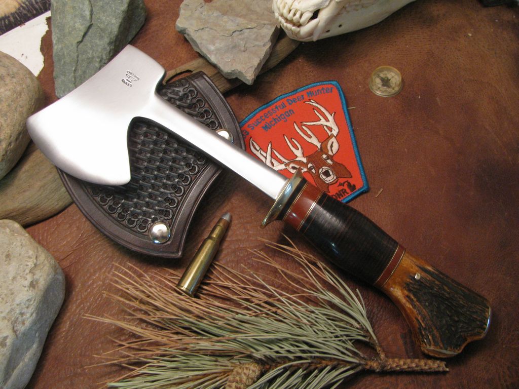 Large Camp Axe  Horse Hide Sambar Crotch Domed Brass Butt Caps