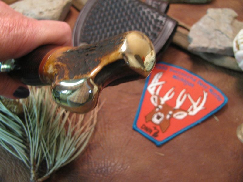 Large Camp Axe  Horse Hide Sambar Crotch Domed Brass Butt Caps