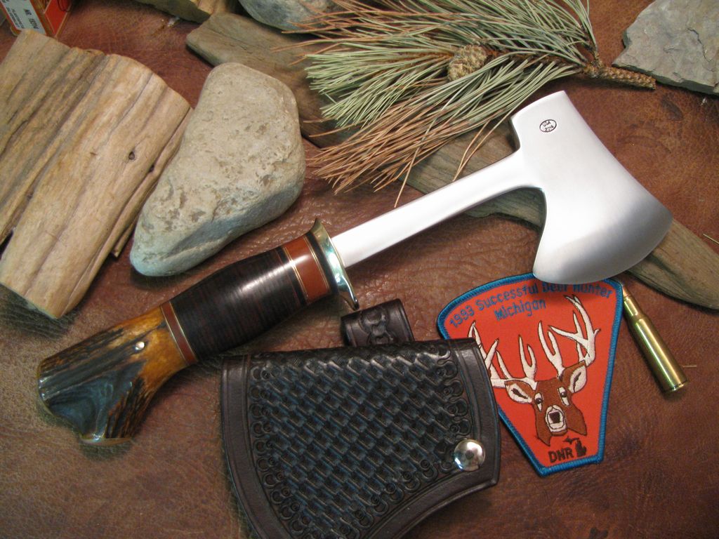 Large Camp Axe  Horse Hide Sambar Crotch Domed Brass Butt Caps