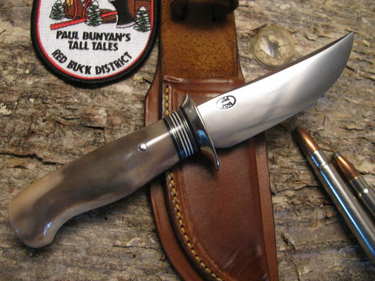 Treeman Handmade Artifact Walrus Ivory Deer & Trout with Treeman Leather Classic Scagel Style Pancake sheath.