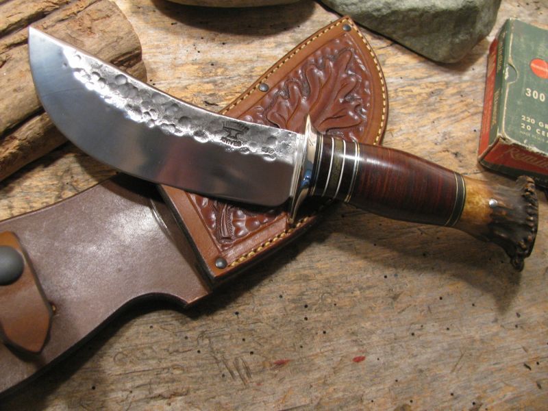 J. Behring Handmade Woodcraft Crown Stag Horsehide Studebaker spring hammermark 5 1/2" Blade